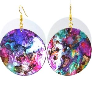 Clay metallic inked Large disk earrings with hypoallergenic pierced hooks